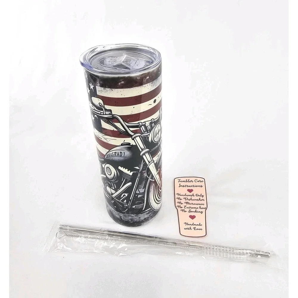 American Flag Motorcycle Riding 20Oz Tumbler Travel Insulated Patriotic Support